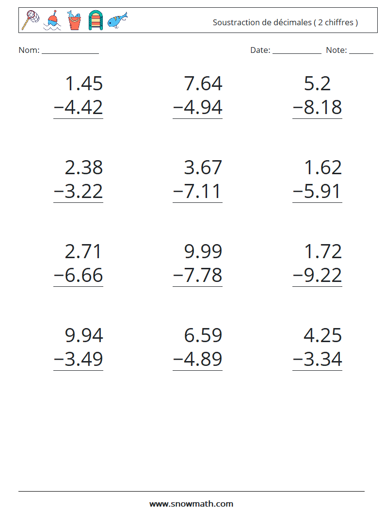 (12) Soustraction de décimales ( 2 chiffres ) Fiches d'Exercices de Mathématiques 2