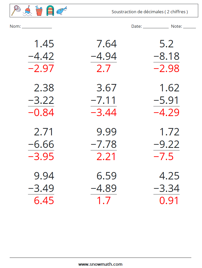 (12) Soustraction de décimales ( 2 chiffres ) Fiches d'Exercices de Mathématiques 2 Question, Réponse
