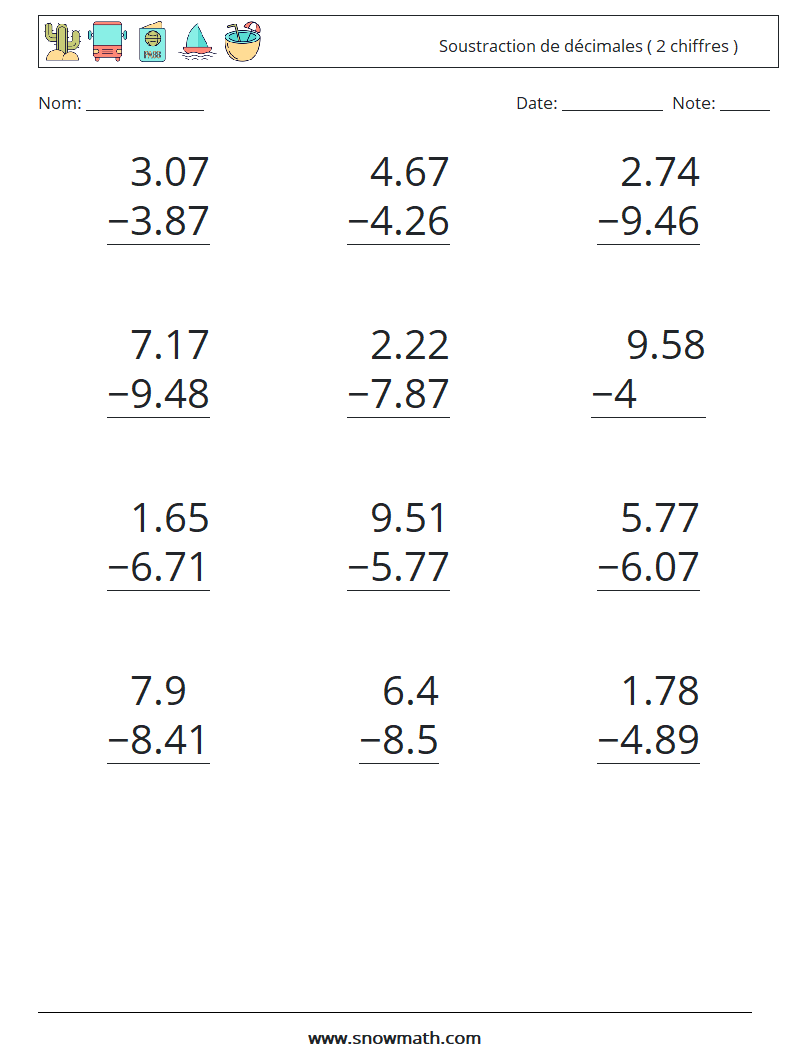 (12) Soustraction de décimales ( 2 chiffres ) Fiches d'Exercices de Mathématiques 3