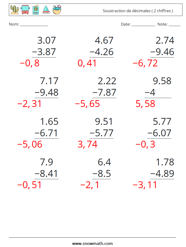 (12) Soustraction de décimales ( 2 chiffres ) Fiches d'Exercices de Mathématiques 3 Question, Réponse