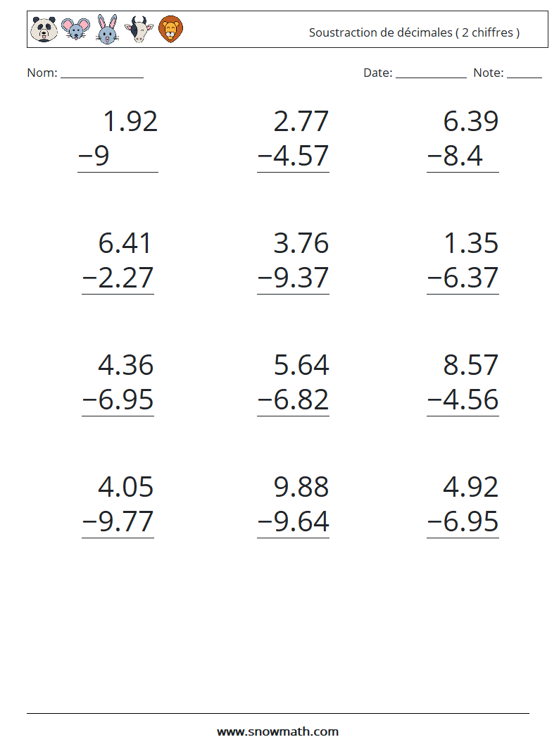 (12) Soustraction de décimales ( 2 chiffres ) Fiches d'Exercices de Mathématiques 5