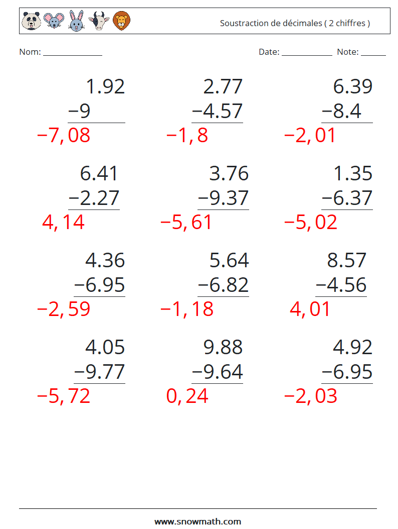 (12) Soustraction de décimales ( 2 chiffres ) Fiches d'Exercices de Mathématiques 5 Question, Réponse