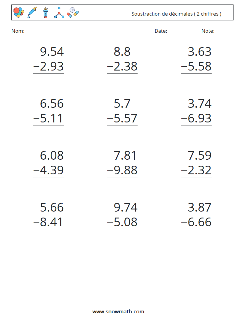 (12) Soustraction de décimales ( 2 chiffres ) Fiches d'Exercices de Mathématiques 6