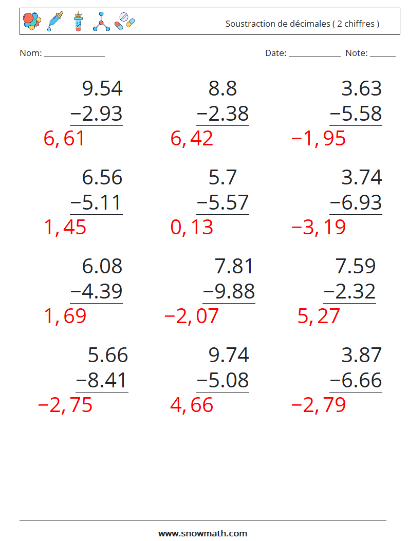(12) Soustraction de décimales ( 2 chiffres ) Fiches d'Exercices de Mathématiques 6 Question, Réponse