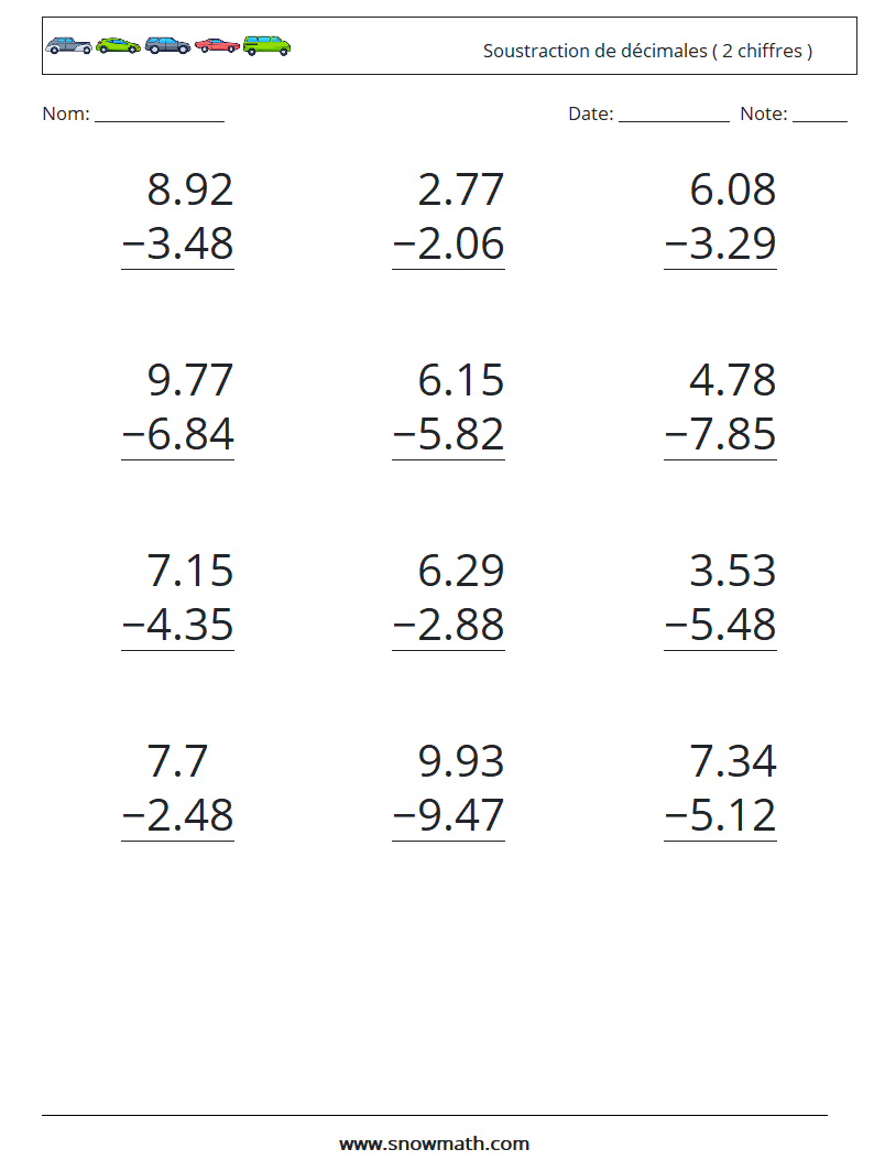 (12) Soustraction de décimales ( 2 chiffres ) Fiches d'Exercices de Mathématiques 7