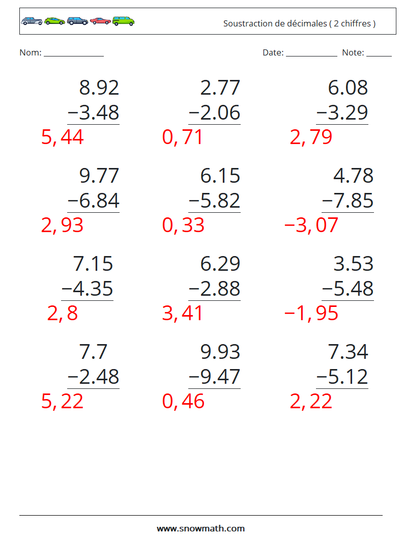 (12) Soustraction de décimales ( 2 chiffres ) Fiches d'Exercices de Mathématiques 7 Question, Réponse