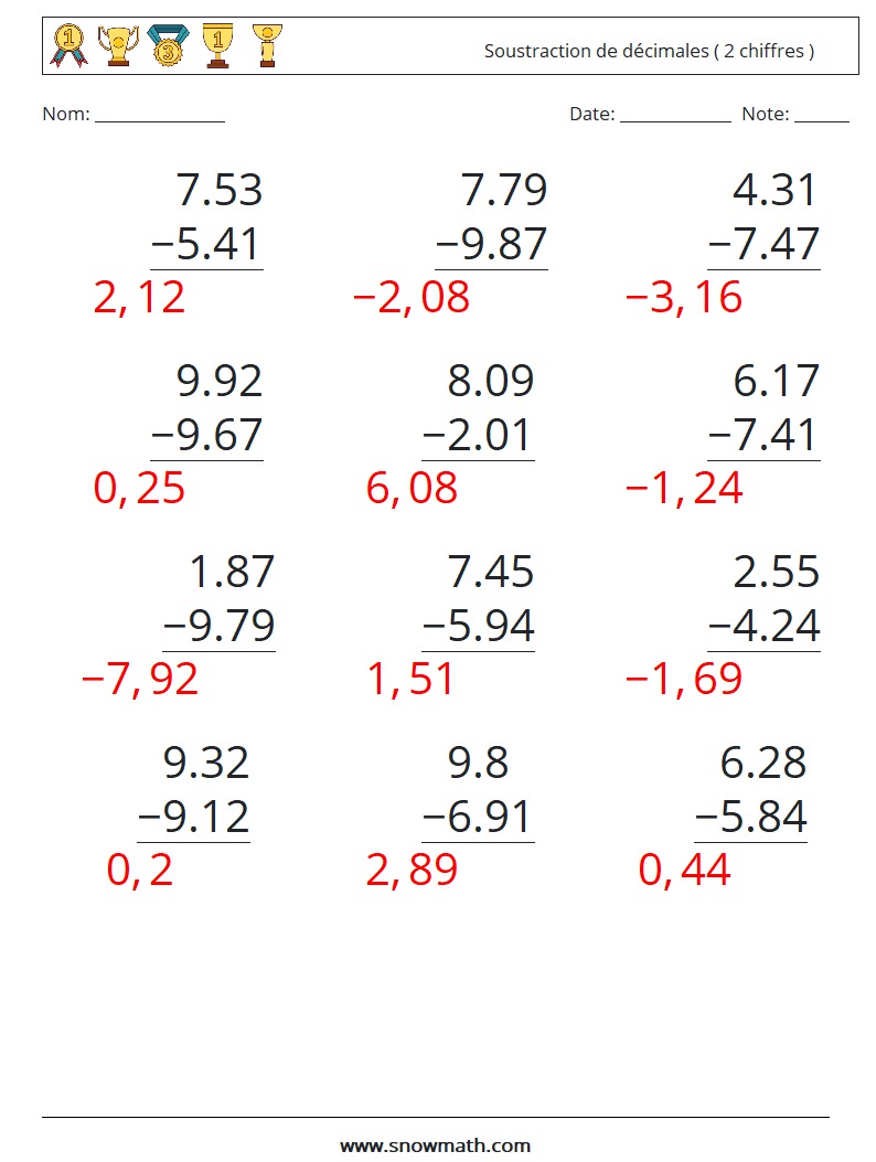 (12) Soustraction de décimales ( 2 chiffres ) Fiches d'Exercices de Mathématiques 8 Question, Réponse