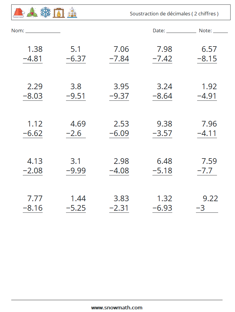 (25) Soustraction de décimales ( 2 chiffres )