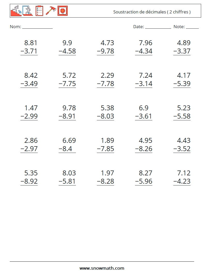 (25) Soustraction de décimales ( 2 chiffres ) Fiches d'Exercices de Mathématiques 10