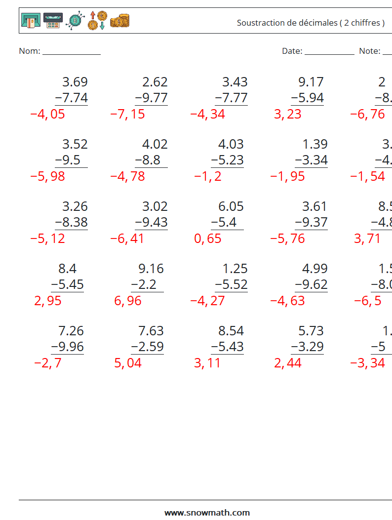 (25) Soustraction de décimales ( 2 chiffres ) Fiches d'Exercices de Mathématiques 12 Question, Réponse