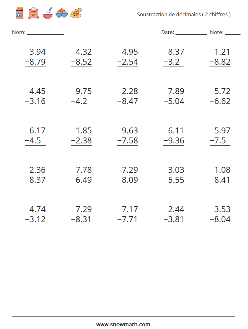 (25) Soustraction de décimales ( 2 chiffres ) Fiches d'Exercices de Mathématiques 13