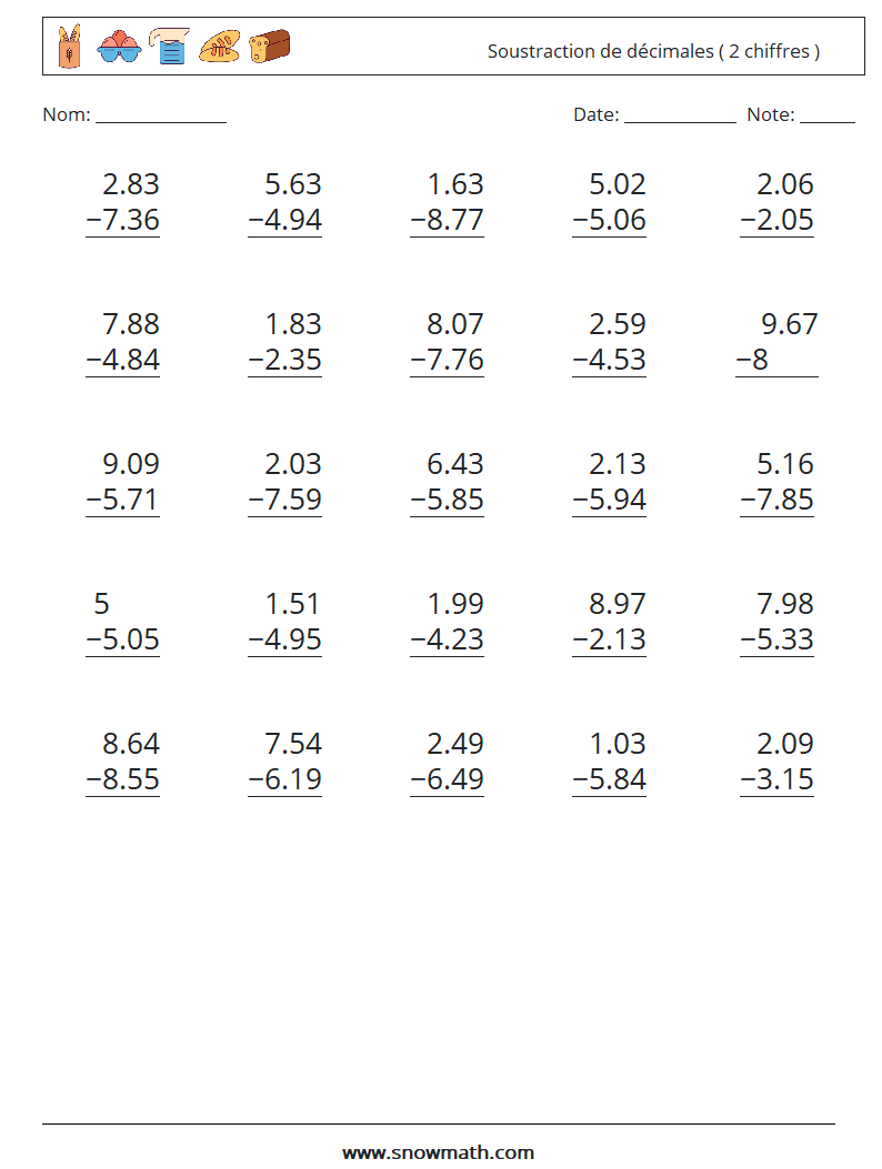 (25) Soustraction de décimales ( 2 chiffres ) Fiches d'Exercices de Mathématiques 14