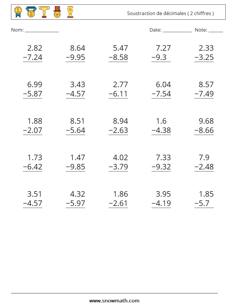 (25) Soustraction de décimales ( 2 chiffres ) Fiches d'Exercices de Mathématiques 15