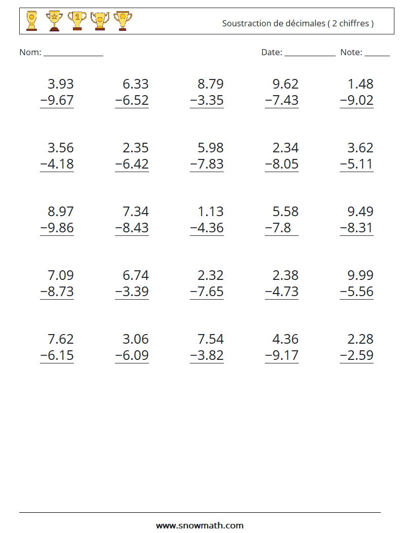 (25) Soustraction de décimales ( 2 chiffres ) Fiches d'Exercices de Mathématiques 16