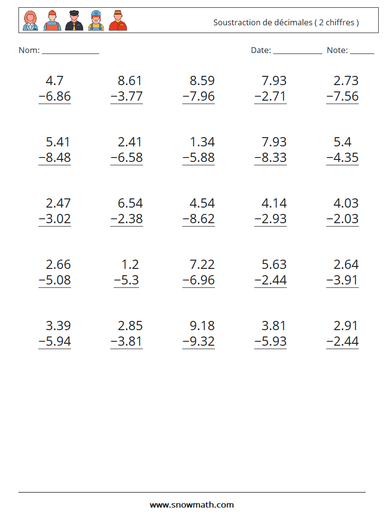 (25) Soustraction de décimales ( 2 chiffres ) Fiches d'Exercices de Mathématiques 17