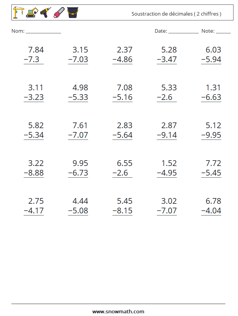 (25) Soustraction de décimales ( 2 chiffres ) Fiches d'Exercices de Mathématiques 2