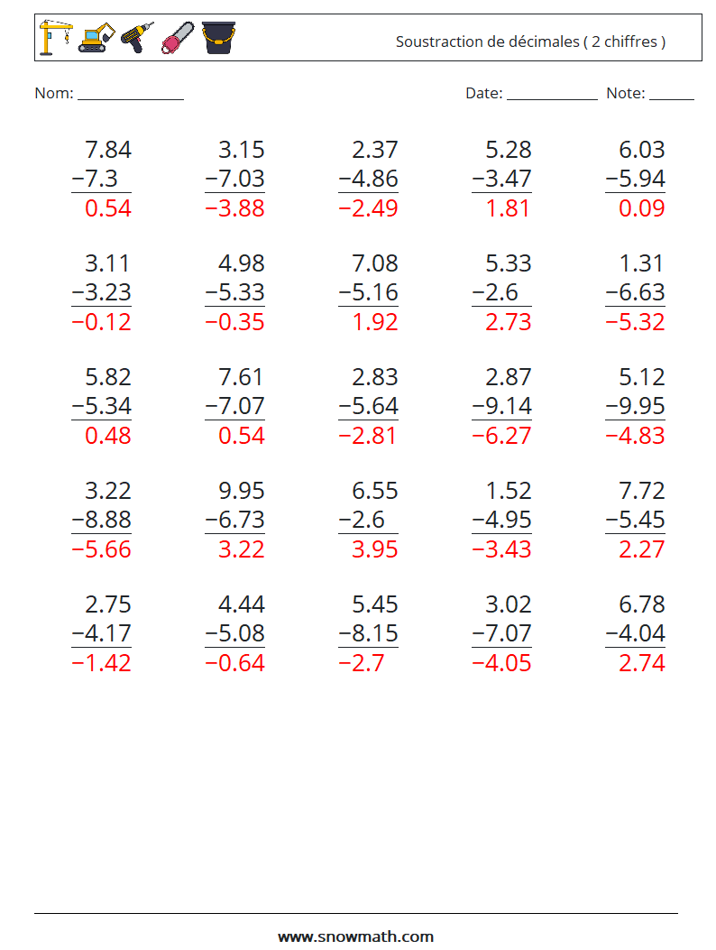 (25) Soustraction de décimales ( 2 chiffres ) Fiches d'Exercices de Mathématiques 2 Question, Réponse