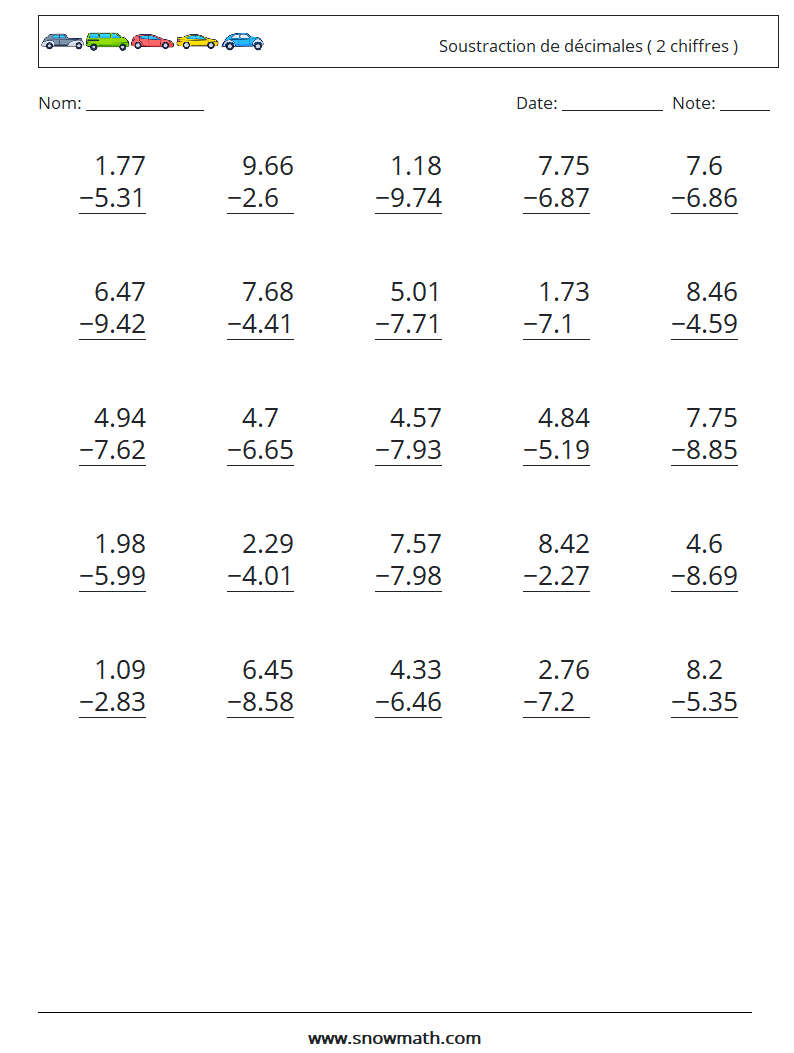 (25) Soustraction de décimales ( 2 chiffres ) Fiches d'Exercices de Mathématiques 3