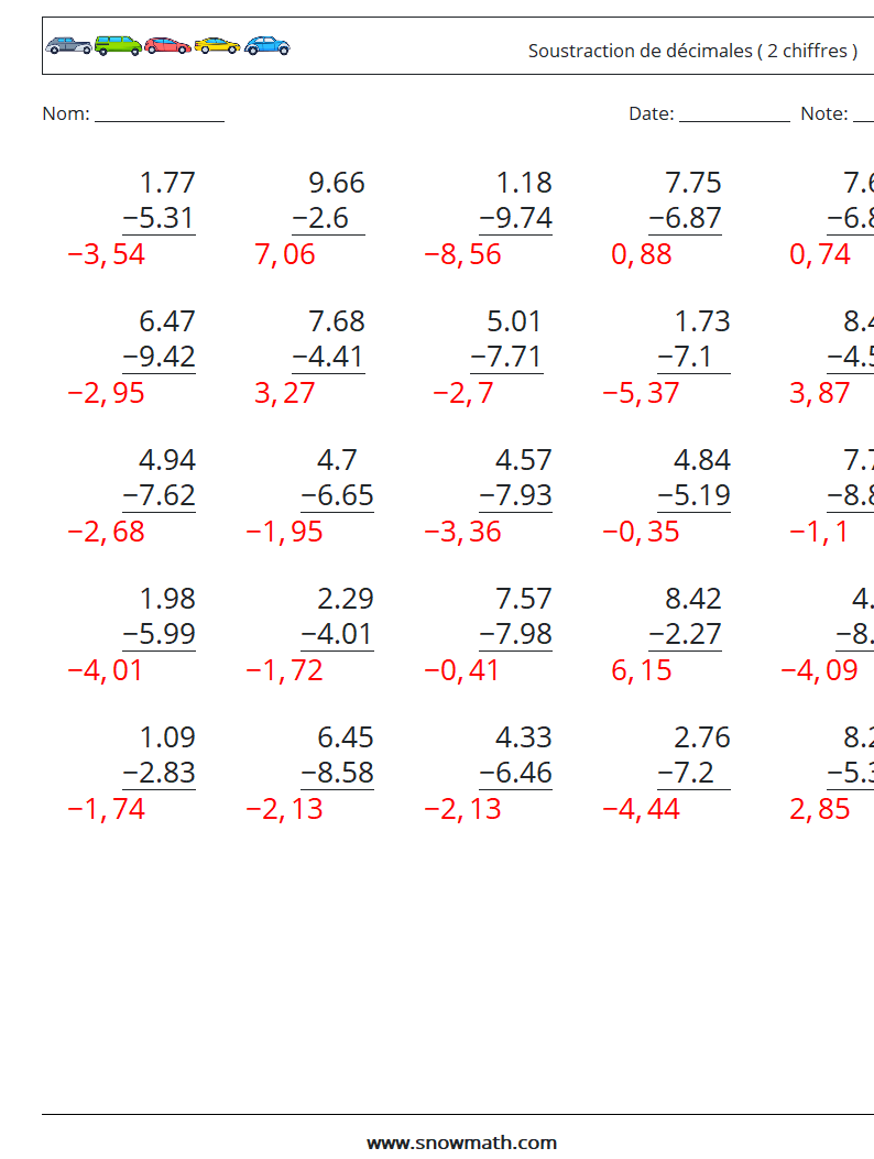 (25) Soustraction de décimales ( 2 chiffres ) Fiches d'Exercices de Mathématiques 3 Question, Réponse