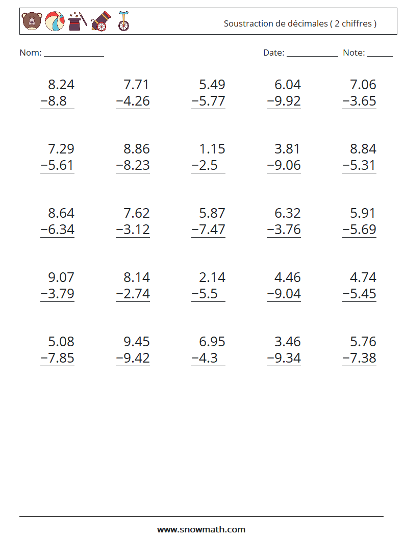 (25) Soustraction de décimales ( 2 chiffres ) Fiches d'Exercices de Mathématiques 4