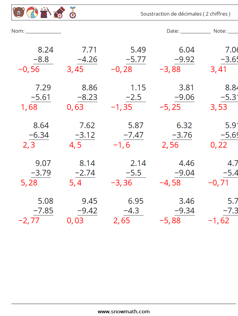 (25) Soustraction de décimales ( 2 chiffres ) Fiches d'Exercices de Mathématiques 4 Question, Réponse