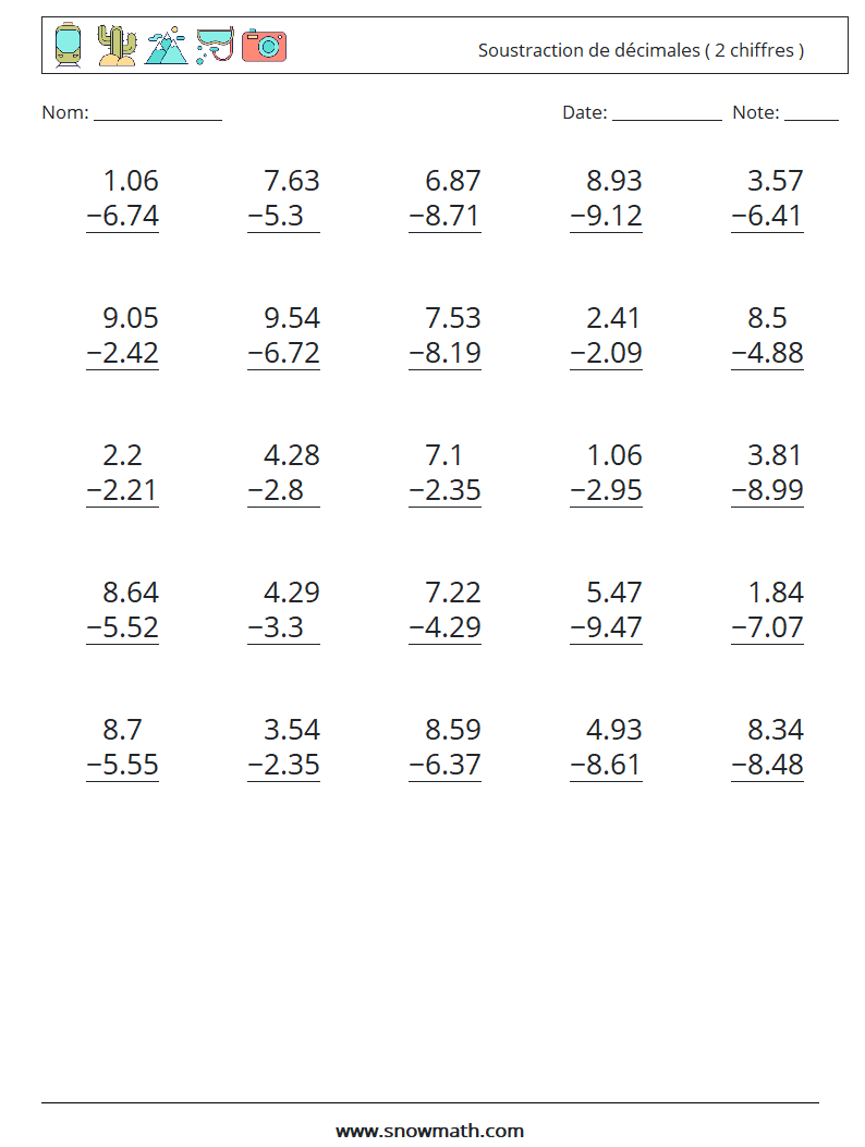 (25) Soustraction de décimales ( 2 chiffres ) Fiches d'Exercices de Mathématiques 5