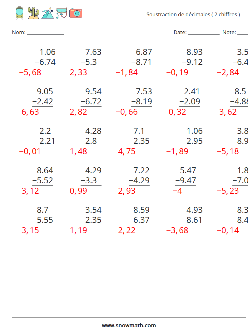 (25) Soustraction de décimales ( 2 chiffres ) Fiches d'Exercices de Mathématiques 5 Question, Réponse