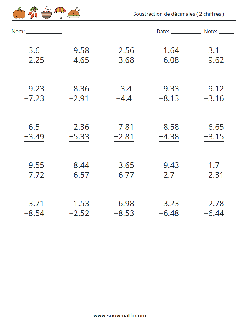 (25) Soustraction de décimales ( 2 chiffres ) Fiches d'Exercices de Mathématiques 6