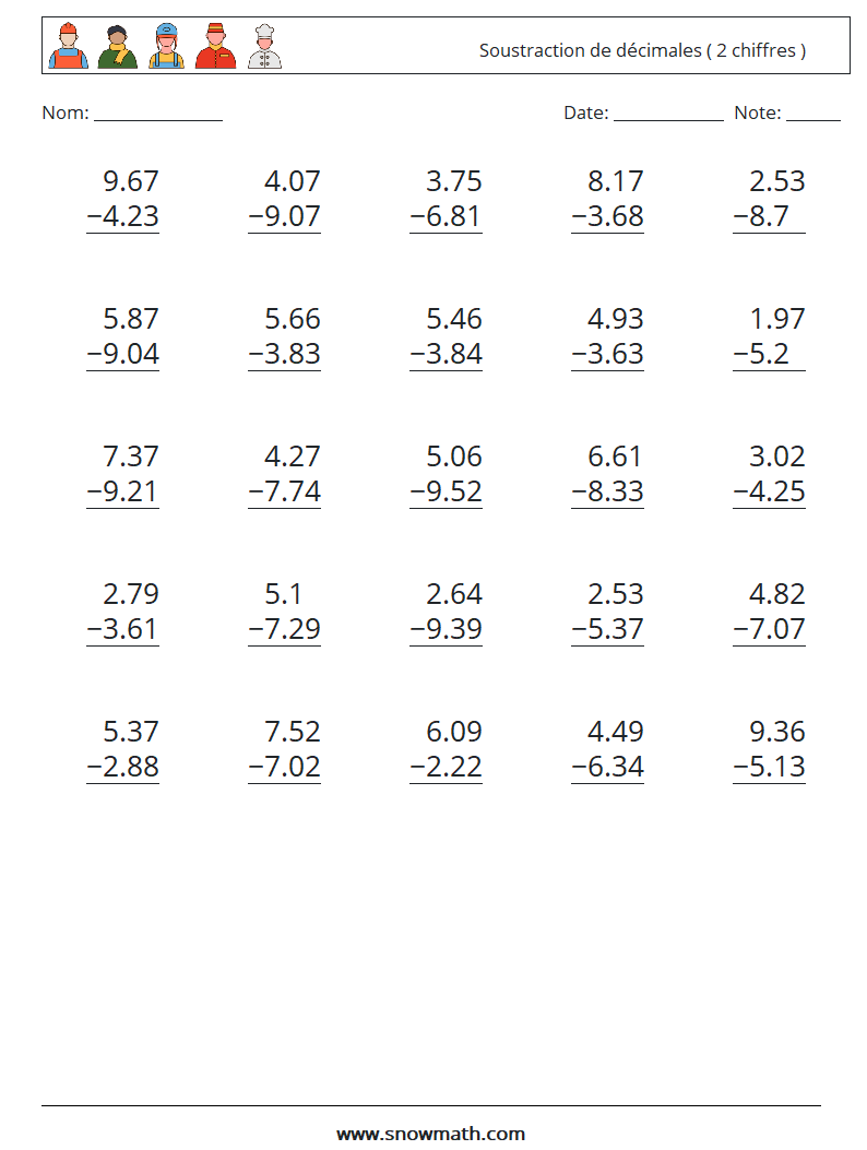 (25) Soustraction de décimales ( 2 chiffres ) Fiches d'Exercices de Mathématiques 7