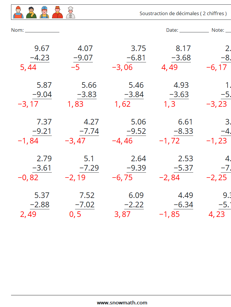 (25) Soustraction de décimales ( 2 chiffres ) Fiches d'Exercices de Mathématiques 7 Question, Réponse