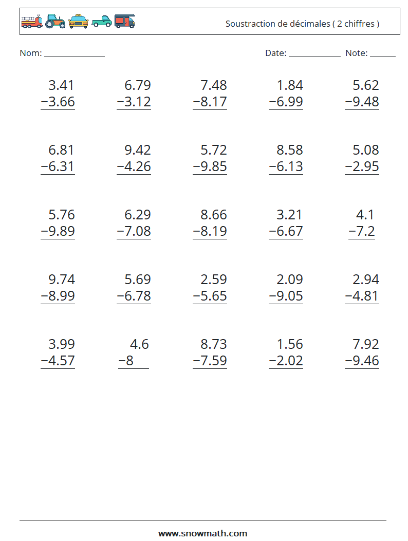 (25) Soustraction de décimales ( 2 chiffres ) Fiches d'Exercices de Mathématiques 8