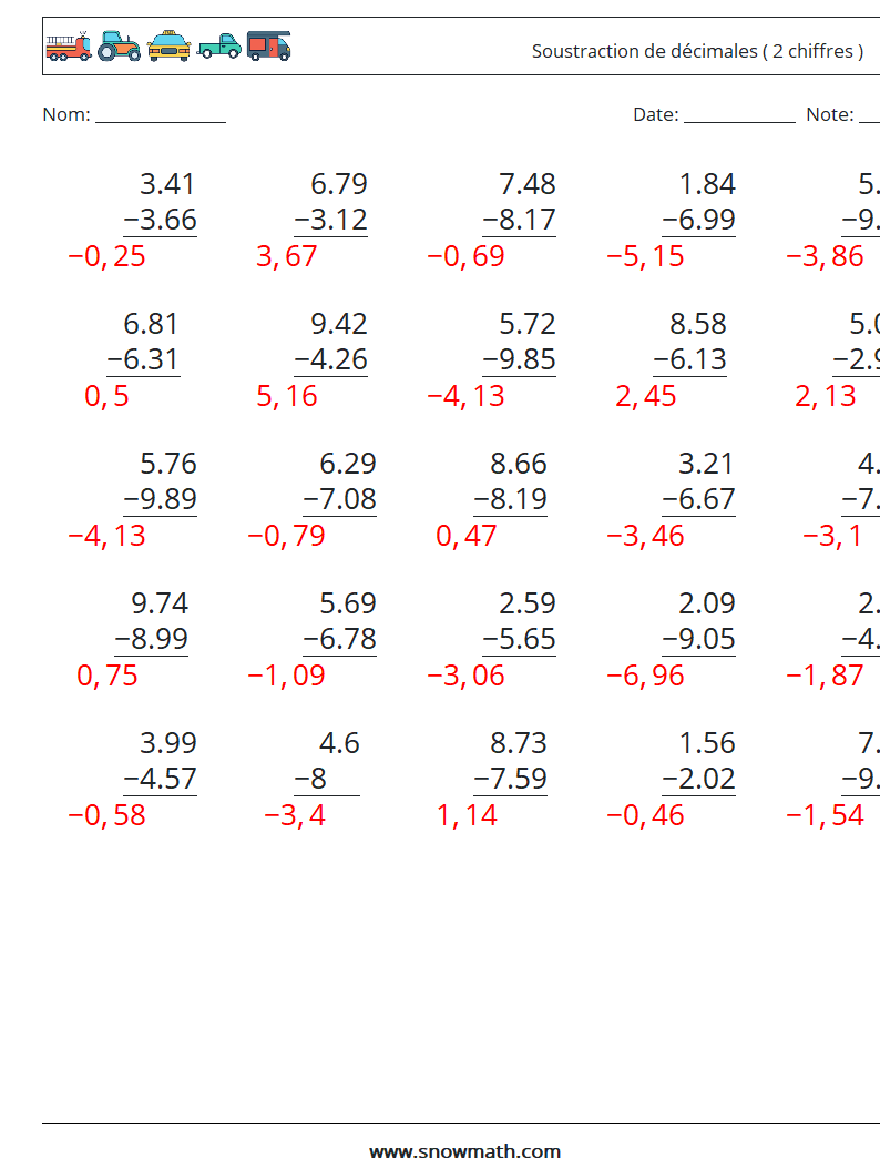 (25) Soustraction de décimales ( 2 chiffres ) Fiches d'Exercices de Mathématiques 8 Question, Réponse