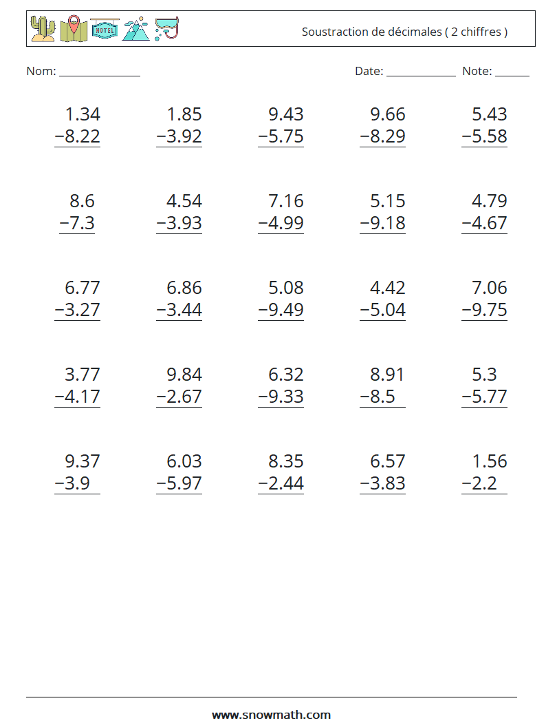 (25) Soustraction de décimales ( 2 chiffres ) Fiches d'Exercices de Mathématiques 9