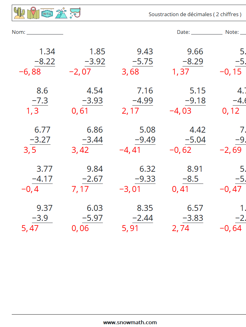 (25) Soustraction de décimales ( 2 chiffres ) Fiches d'Exercices de Mathématiques 9 Question, Réponse