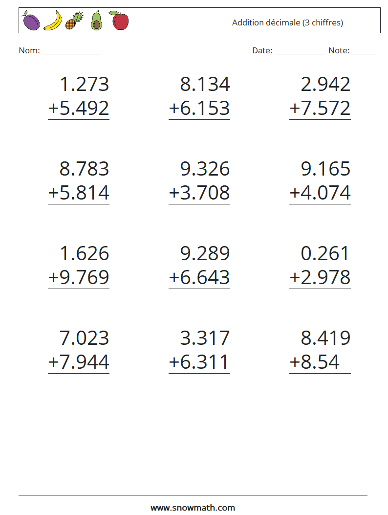 (12) Addition décimale (3 chiffres) Fiches d'Exercices de Mathématiques 1