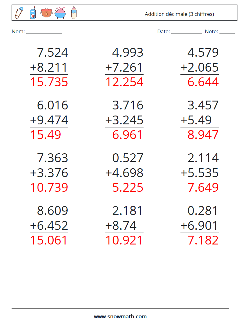 (12) Addition décimale (3 chiffres) Fiches d'Exercices de Mathématiques 10 Question, Réponse