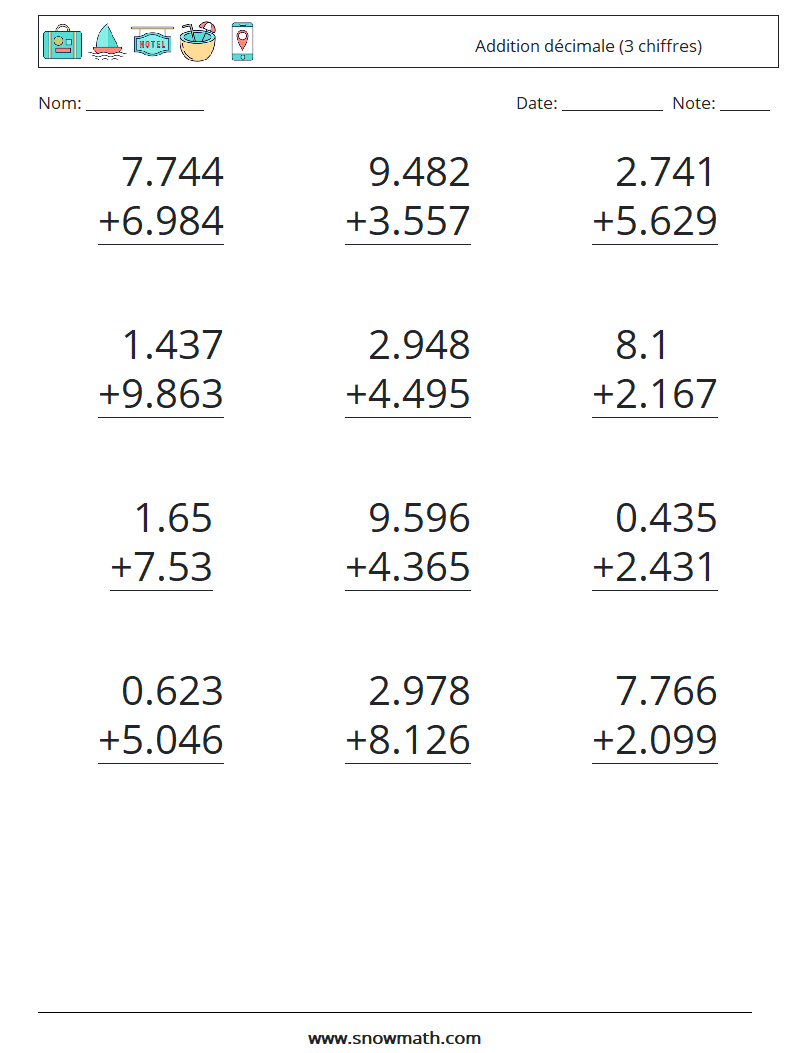 (12) Addition décimale (3 chiffres) Fiches d'Exercices de Mathématiques 12