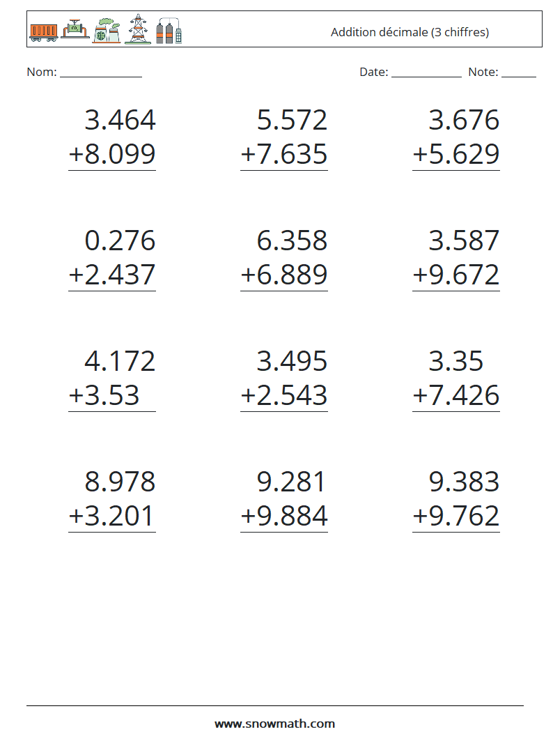 (12) Addition décimale (3 chiffres) Fiches d'Exercices de Mathématiques 13