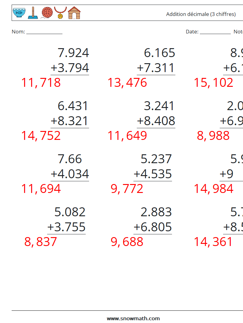 (12) Addition décimale (3 chiffres) Fiches d'Exercices de Mathématiques 14 Question, Réponse