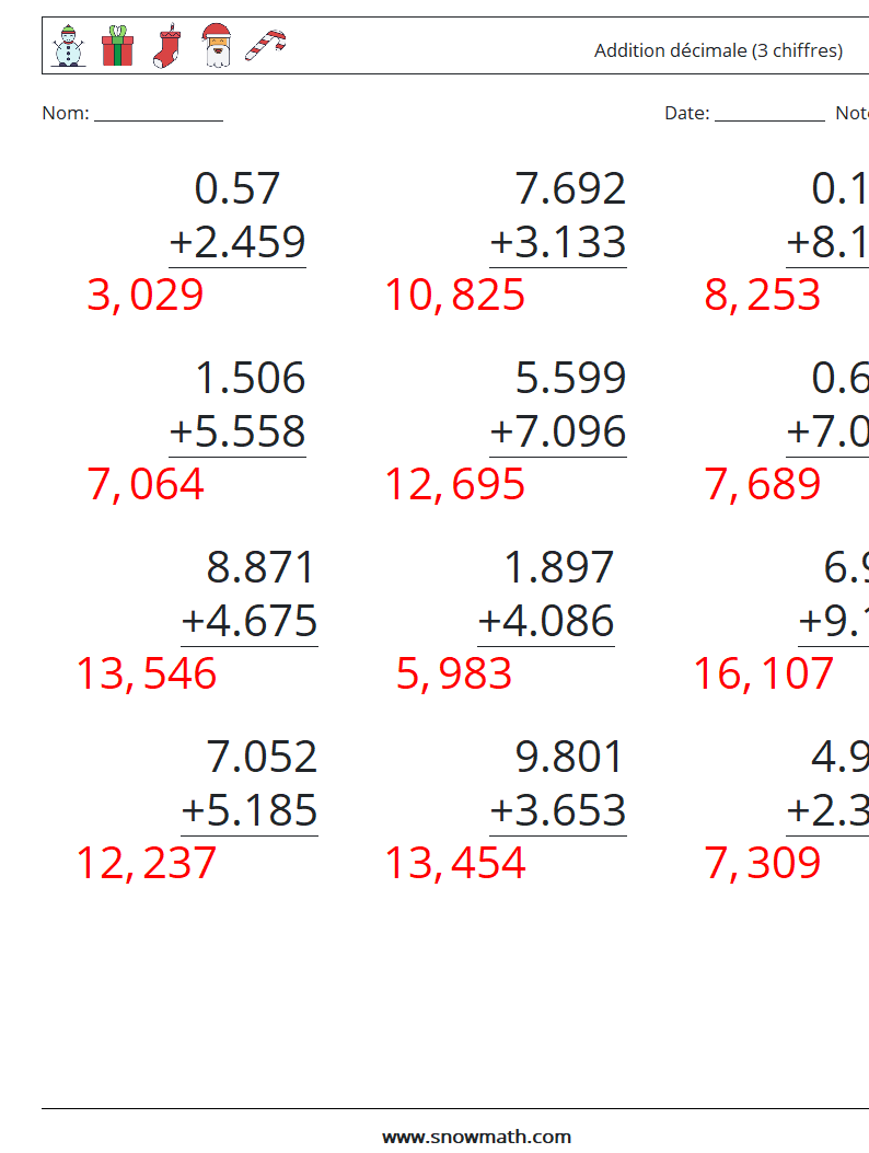 (12) Addition décimale (3 chiffres) Fiches d'Exercices de Mathématiques 15 Question, Réponse