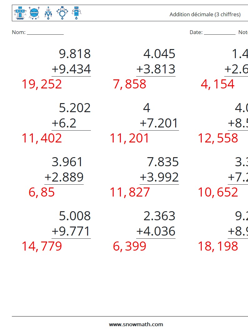 (12) Addition décimale (3 chiffres) Fiches d'Exercices de Mathématiques 16 Question, Réponse