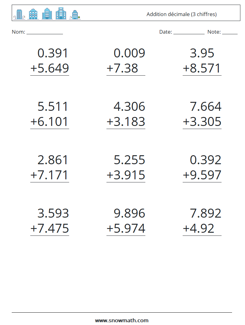 (12) Addition décimale (3 chiffres) Fiches d'Exercices de Mathématiques 17