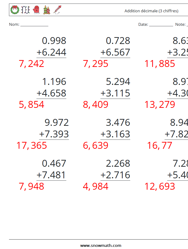 (12) Addition décimale (3 chiffres) Fiches d'Exercices de Mathématiques 18 Question, Réponse