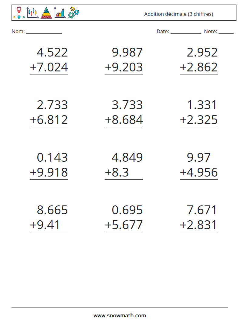(12) Addition décimale (3 chiffres) Fiches d'Exercices de Mathématiques 2