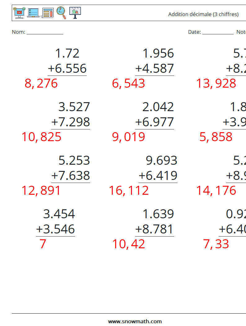 (12) Addition décimale (3 chiffres) Fiches d'Exercices de Mathématiques 3 Question, Réponse