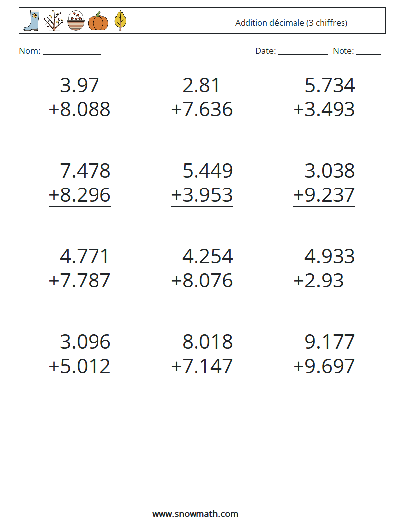 (12) Addition décimale (3 chiffres) Fiches d'Exercices de Mathématiques 4