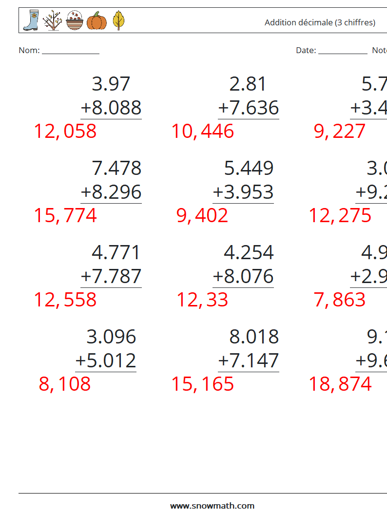 (12) Addition décimale (3 chiffres) Fiches d'Exercices de Mathématiques 4 Question, Réponse