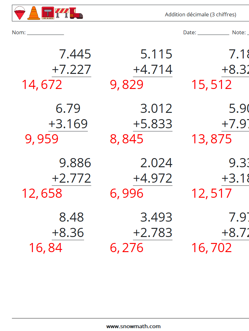 (12) Addition décimale (3 chiffres) Fiches d'Exercices de Mathématiques 5 Question, Réponse