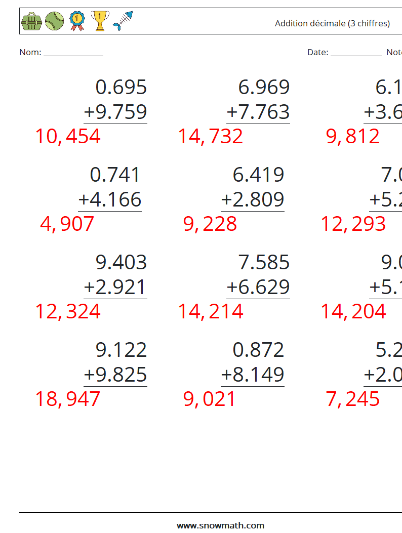 (12) Addition décimale (3 chiffres) Fiches d'Exercices de Mathématiques 6 Question, Réponse