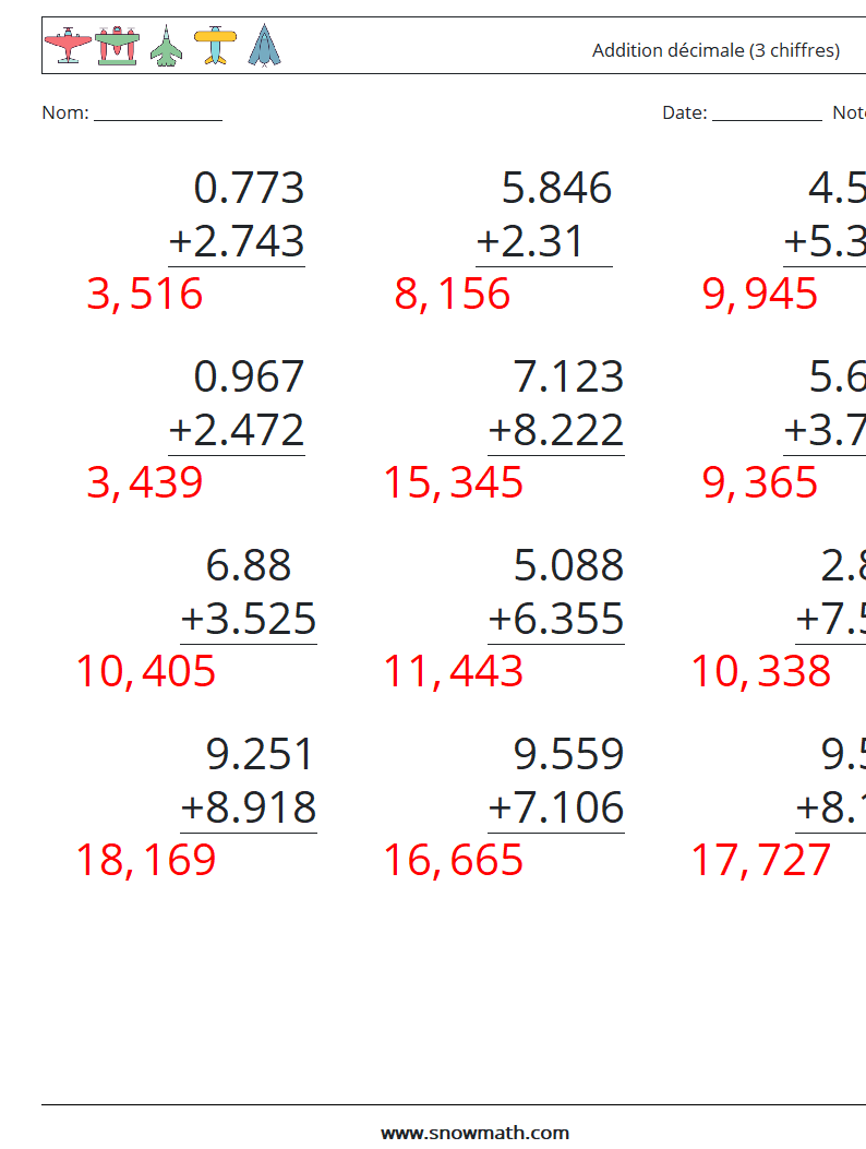 (12) Addition décimale (3 chiffres) Fiches d'Exercices de Mathématiques 9 Question, Réponse